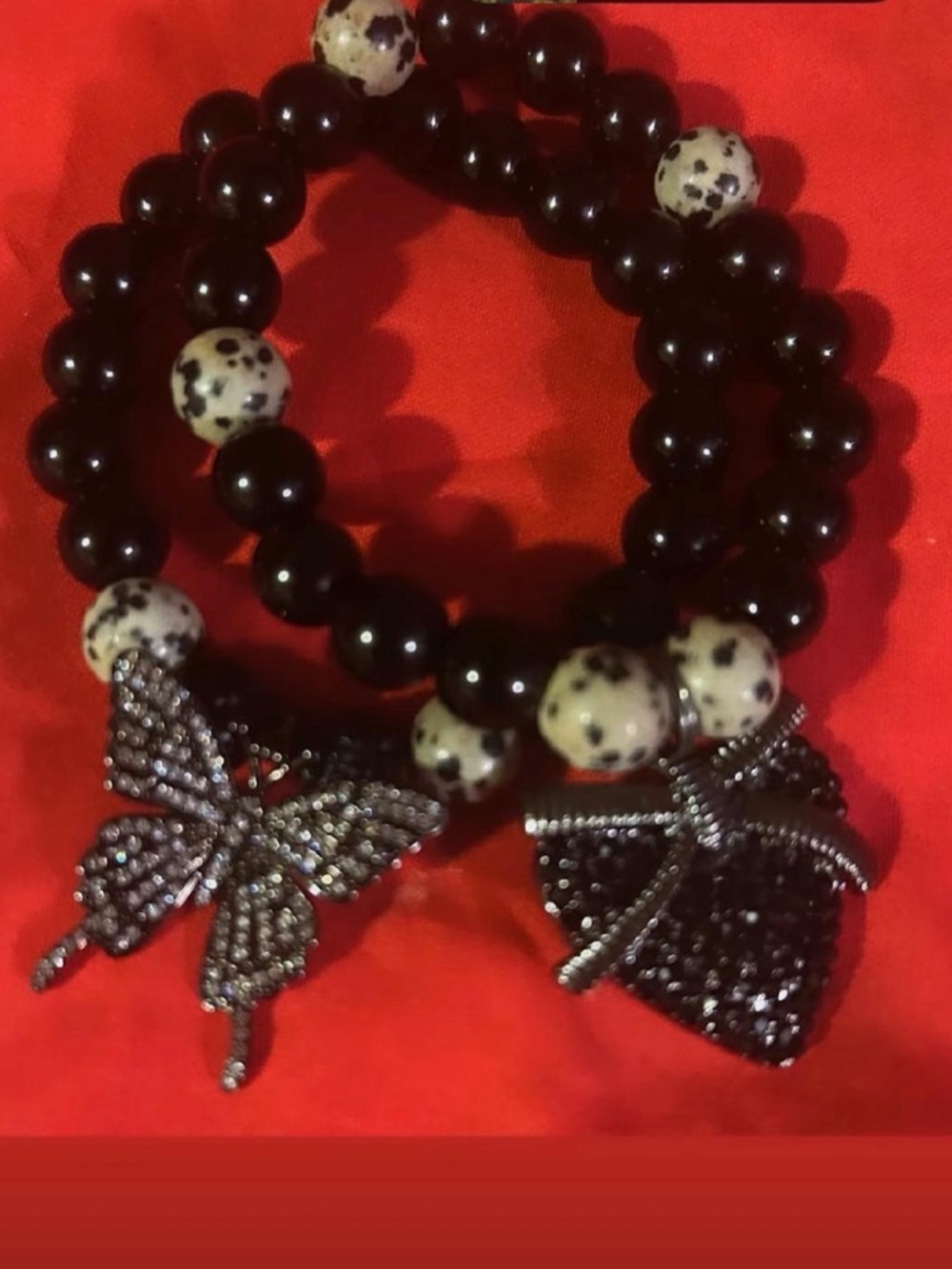 Dalmatian Jasper and Black Bead Bracelet Set with Crystal Charms